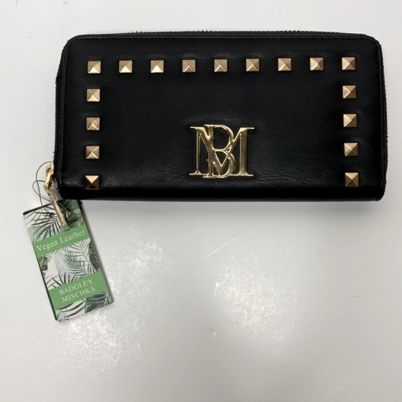 Badgley Mischka | Black Vegan Gold Studded Zipper Wallet | Clutch | Card Holder - Picture 2 of 10